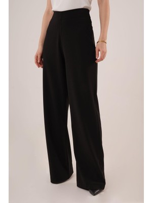 Modavera Bol Paça Yandan Fermuarlı Siyah Kumaş Pantolon