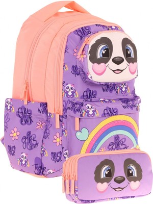 Kaukko Kids Toys Kız Çocuk Mor Somon 3D Panda Şekilli Ilkokul Çantası ve Kalemlik Seti (L5233+L8233)