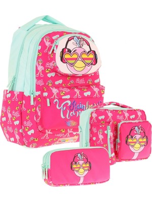 Kaukko Kids 3D Flamingo Şekilli Kız Çocuk Üçlü Okul Çantası Seti/takımı - Kırmızı Yeşil (L5235+L7235+L8235)