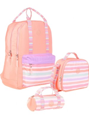 Kaukko Double Stripe Kız Çocuk Ilkokul Üçlü Okul Çantası Seti - Somon - Çizgi Desenli