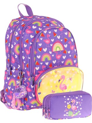 Kaukko Kız Çocuklar Için Okul Sırt Çantası (L5226) ve Üç Bölmeli Kalemlik (L8226) Seti - Mor Pembe - Flamingo Nakışlı ve Baskılı