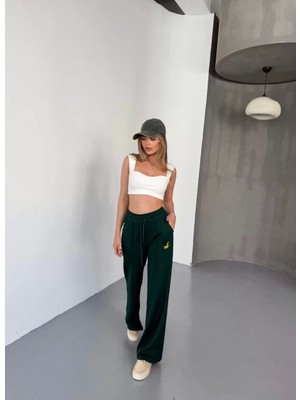 Tarz Yeri Osy Modal Yumuşak Dokulu Kumaş Nakış Işlemeli Rahat Bol Paça Eşofman Pantalon - Yeşil