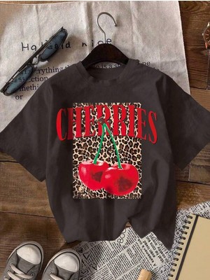 Kadın Oversize Cherries Leopar T-Shirt