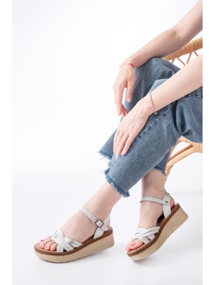 730-037 Beyaz Ayna Hakiki Deri Ortopedik Taban Kadın Sandalet