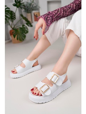 Aymood Çift Tokalı Dolgu Topuklu Çift Bantlı Tokalı Kadın Sandalet Beyaz
