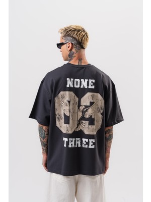 Erkek None Three Baskılı Oversize T-Shirt Füme