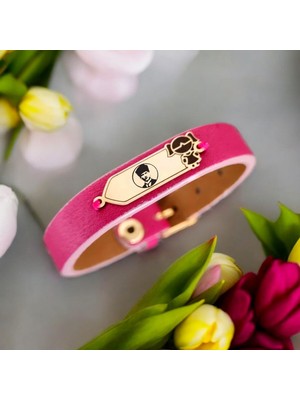 Archin Atatürk Temalı Kız Çocuk Motifli 14 Ayar Altın Plakalı Pembe Derili Hediye Bileklik-454SEMBOL