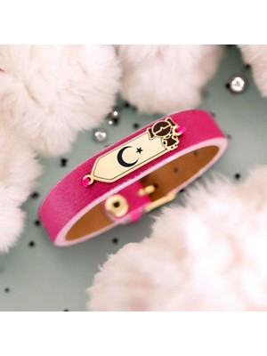 Archin Ay Yıldız Temalı 14 Ayar Altın Plakalı Pembe Derili Kız Çocuk Motifli Hediye Bileklik-454SEMBOL