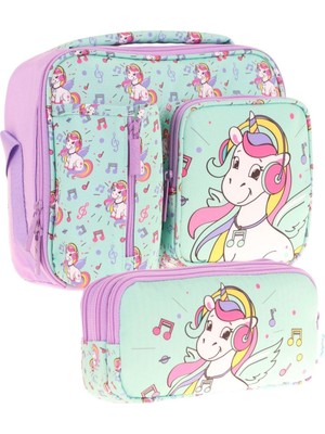 Kaukko Kids Kız Çocuk Turkuaz Unicorn Baskılı Üç Bölmeli Thermo Beslenme Çantası ve Kalemlik Seti (L7234+L8234)