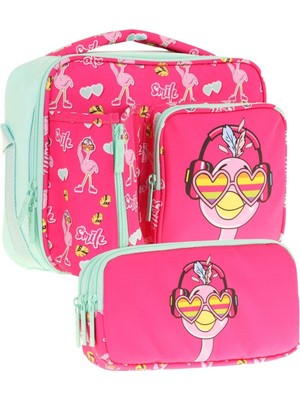 Kaukko Kids Kız Çocuk Kırmızı Yeşil Flamingo Desenli Üç Bölmeli Thermo Beslenme Çantası ve Kalemlik Seti (L7235+L8235)