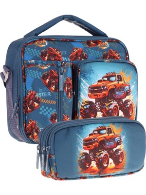 Kaukko Kids Erkek Çocuk Yeşil Kırmızı Arazi Aracı Üç Bölmeli Thermo Beslenme Çantası ve Kalemlik Seti (L7282+L8282)