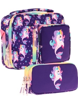 Kaukko Kids Kız Çocuk Mor Çok Renkli Unicorn ve Denizkızı Üç Bölmeli Thermo Beslenme Çantası ve Kalemlik Seti (L7228+L8228)