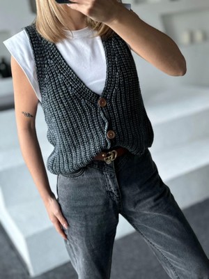 Modavera Triko Kolsuz Düğmeli Yelek - Siyah
