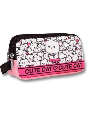 Ümit Çanta 5014 (Sevimli Kediler Desenli - Pembe Beyaz Renkli) Kız Çocuk Kalem Çantası