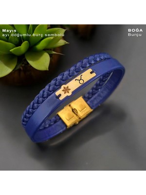 Archin Mayıs Ayı Doğumlarına 14 Ayar Altın Plakalı Lacivert Derili Kar Tanesi Motifli Hediye Bileklik-451AY