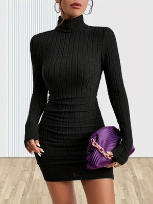 Modavera Kadın Uzun Kollu Balıkçı Yaka Kısa Şardonlu Kaşkorse Elbise