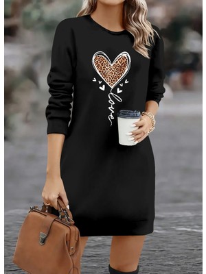 Modavera Kadın Uzun Kollu Bisiklet Yaka Kalp Desenli Kısa Viskon Elbise