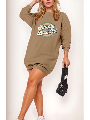 Modavera Kadın Uzun Kollu Bisiklet Yaka Yazılı Viskon Iki Iplik Elbise