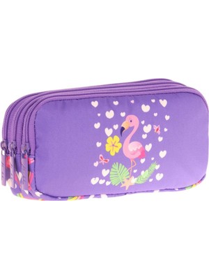 Kaukko Kids Üç Bölmeli Mor Pembe, Flamingo, Kız Çocuk Okul Kalemliği - L8226