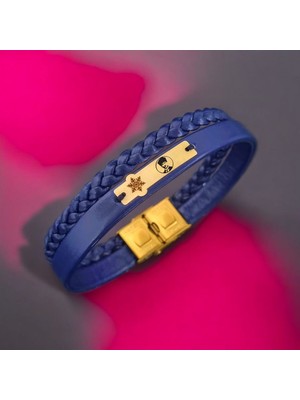 Archin Atatürk Temalı Kar Tanesi Motifli 14 Ayar Altın Plakalı Lacivert Derili Hediye Bileklik-451SEMBOL