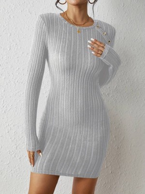 Modavera Kadın Uzun Kollu Bisiklet Yaka Düğmeli Kısa Şardonlu Kaşkorse Elbise