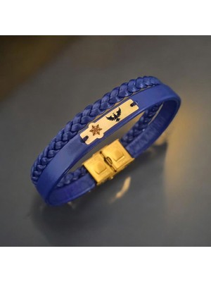 Archin Kral Kartal Temalı 14 Ayar Altın Plakalı Lacivert Derili Kar Taneli Hediye Bileklik-451SEMBOL