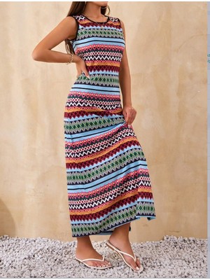 Modavera Kadın Bisiklet Yaka Cizgi Desen Süprem Elbise