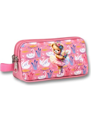 Ümit Çanta Kız Çocuklar Için Iki Bölmeli Balerin Ayıcık Baskılı Kalemlik - Pembe - 5002