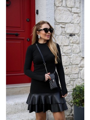 Modavera Kadın Uzun Kollu Bisiklet Yaka Üst Viskon Etek Ucu Deri Kısa Elbise