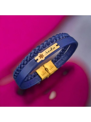 Archin Seda İsmine Özel Lacivert Derili Kar Tanesi Motifli 14 Ayar Altın Plakalı Hediye Bileklik-451İsim