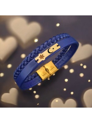 Archin Ay Yıldız Temalı 14 Ayar Altın Plakalı Lacivert Derili Kar Tanesi Motifli Hediye Bileklik-451SEMBOL