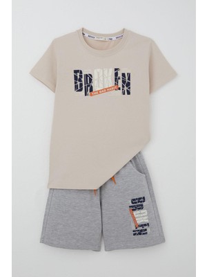 Breeze Erkek Çocuk Şortlu Takım Yazı Baskılı Bağcık Aksesuarlı 8-14 Yaş, Bej