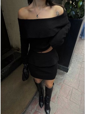 Straplez , Madonna , Carmen Yaka Croplu Mini Etekli Ikili Takım Triko - Siyah
