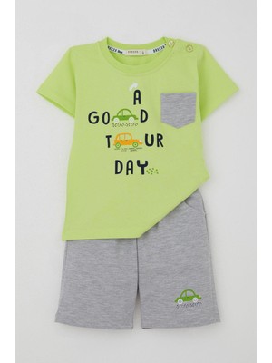 Breeze Erkek Çocuk Şortlu Takım Araba Baskılı Cep Detaylı 1.5-5 Yaş, Fıstık Yeşili