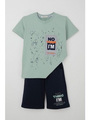 Breeze Erkek Çocuk Şortlu Takım Püskürtme Boya Desenli Yazı Baskılı 5-10 Yaş, Mint Yeşili