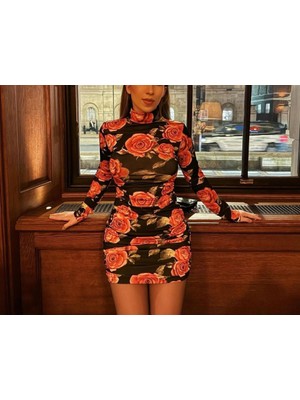 Modavera Kadın Balıkçı Yaka Gül Baskılı Fırsat Ürün Mini Elbise