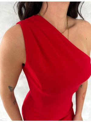 Modavera Tek Omuzlu Kolsuz Mini Boy Elbise - Kırmızı