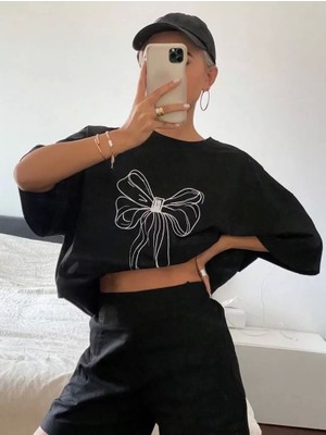 Kadın Baskılı Oversize T-Shirt - Siyah
