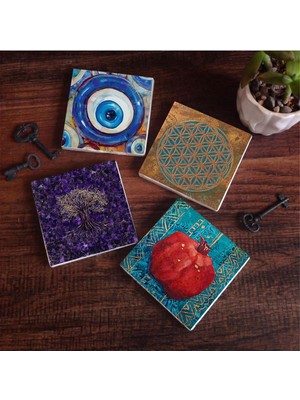 Nazar, Yaşam Çiçeği, Hayat Ağacı, Nar Taş Bardak Altlığı Seti - 4 Parça - Dekoratif, Rustik Mutfak Aksesuarı, 10X10 Cm, Kaydırmaz Tabanlı, Şık ve Dayanıklı SC464