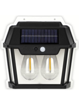 Sensörlü Rustik 2 Ampullu Güneş Enerjili Bahçe Balkon Teras Aydınlatması Lambası Solar Aplik Armatür