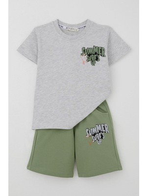 Breeze Erkek Çocuk Şortlu Takım Yaz Temalı Sörf Macerası 3-8 Yaş, Açık Gri Melanj