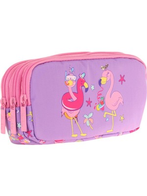 Kaukko Kids Pembe Mor, Flamingolar, Kız Çocuk Üç Gözlü Okul Kalem Çantası - L8240