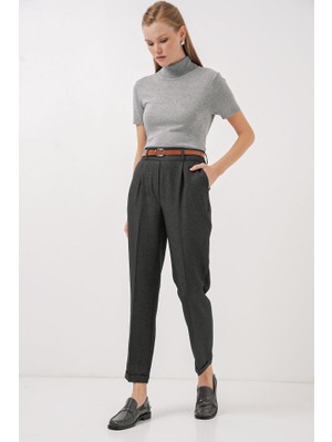 Modavera 6686 Pileli Kemerli Kumaş Pantolon - Füme