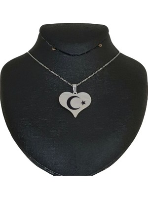 Archin  Ay Yıldız Temalı 925  Ayar Gümüş Plakalı Zincirli Kalp Motifli Hediyelik Kolye-456 Sembol