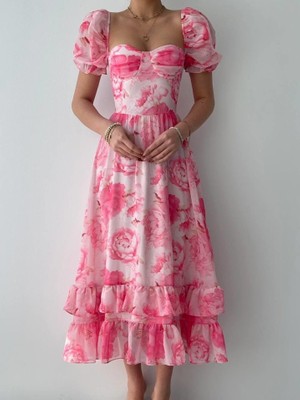 Modavera Şifon Kumaş Dijital Desen Baskılı Elbise