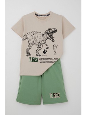 Breeze Erkek Çocuk Şortlu Takım Güçlü Dinozor Baskılı Kısa Kollar Büyük Güç 4-9 Yaş, Bej