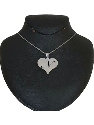 Archin N  Harfine Özel Kalp Motifli 925  Ayar Gümüş Plakalı Zincirli Hediyelik Kolye-456 Harf