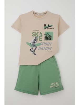 Breeze Erkek Şortlu Takım Havalı Kaykaycı Baskılı 8-14 Yaş, Bej