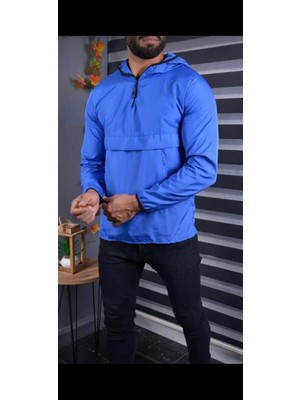 Erkek Siyah Fermuarlı Kanguru Cepli Yağmurluk