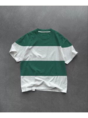 Modavera Unisex Bisiklet Yaka Parçalı T-Shirt - Yeşil
